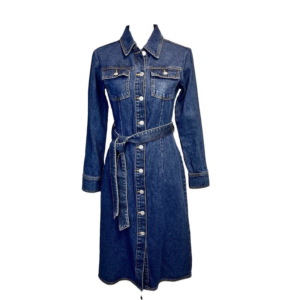 Zara Denim Jean Dress size Small Button Front Midi Belt Tie Boho Chic Modest